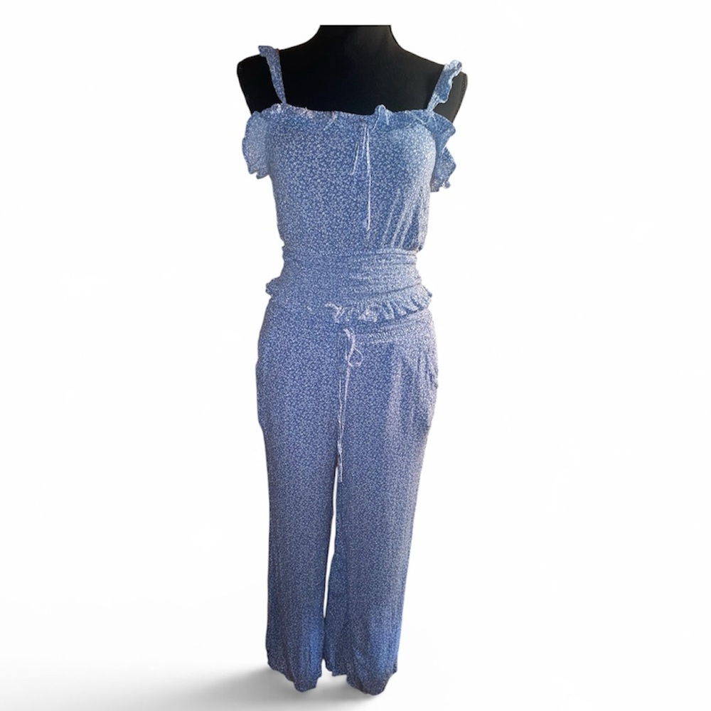 Pre owned Paper Crane Light Blue Speckled Ruffle Jumpsuit